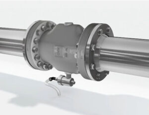 Pinch valve in a pneumatic conveying system, featuring a stainless steel body with a flange connection and integrated sensor for material flow control in MACTEX solutions.