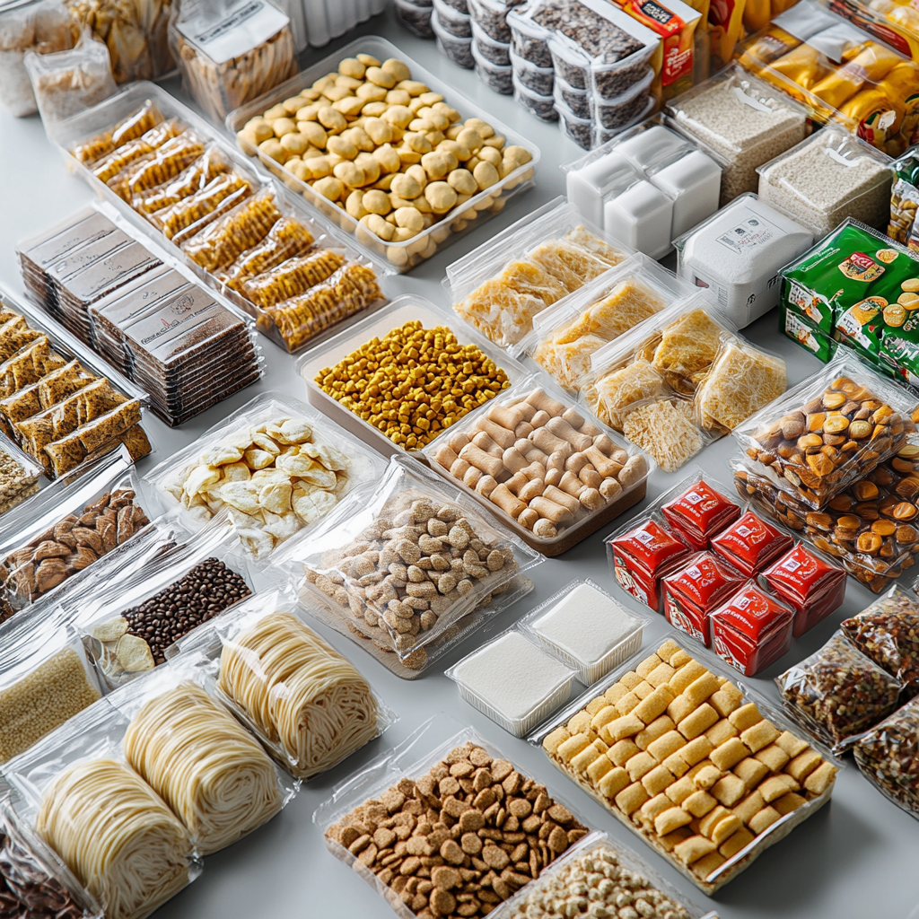 A variety of packaged snacks and food products, representing materials from the food and beverages industry, efficiently handled by MACTEX's pneumatic conveying systems.