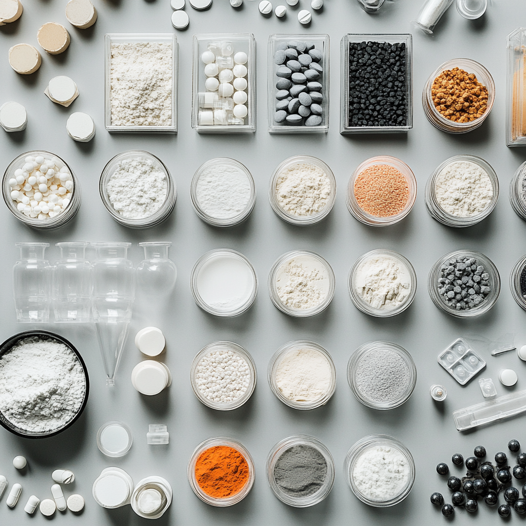 A variety of powders, granules, and chemicals arranged in jars, illustrating materials from the chemical and mineral industry, handled with MACTEX's pneumatic conveying systems.