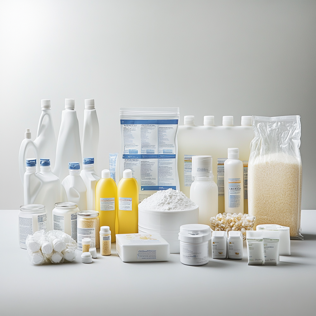 A variety of containers, powders, and chemicals, showcasing products from the oleochemical industry, illustrating materials processed with MACTEX's pneumatic conveying systems.