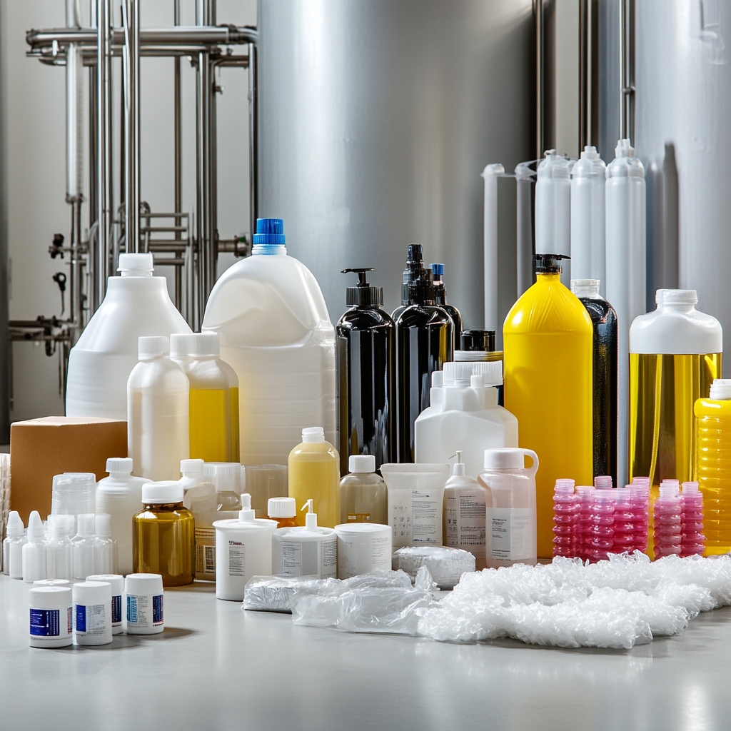 A variety of containers filled with liquids, showcasing the range of products in the petrochemical industry, highlighting materials handled by MACTEX's pneumatic conveying solutions.