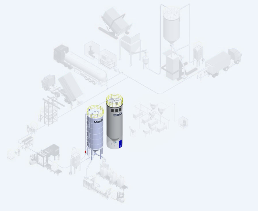 Mactex’s Bulk Storage Silo Management system, featuring silos for efficient storage and pneumatic conveying integration.