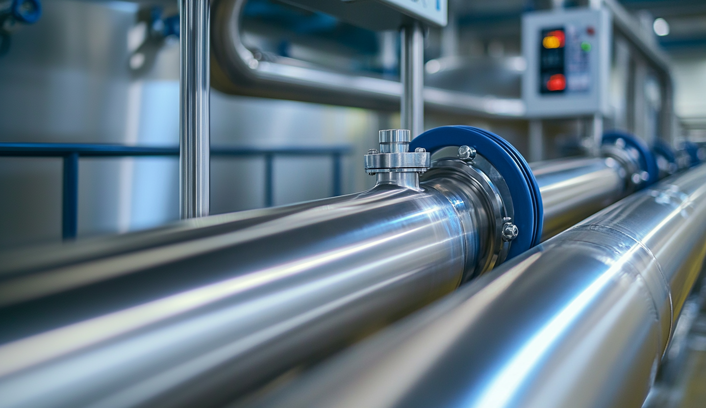 Close-up of stainless steel pipes with blue flanges, part of a pneumatic conveying system, illustrating the efficiency of pneumatic conveying versus mechanical conveying in material handling.