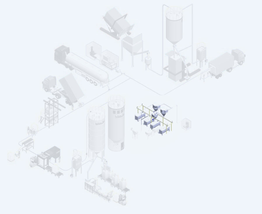 Mactex’s Weighing, Batching & Mixing system for precise material measurement and mixing within a pneumatic conveying system.
