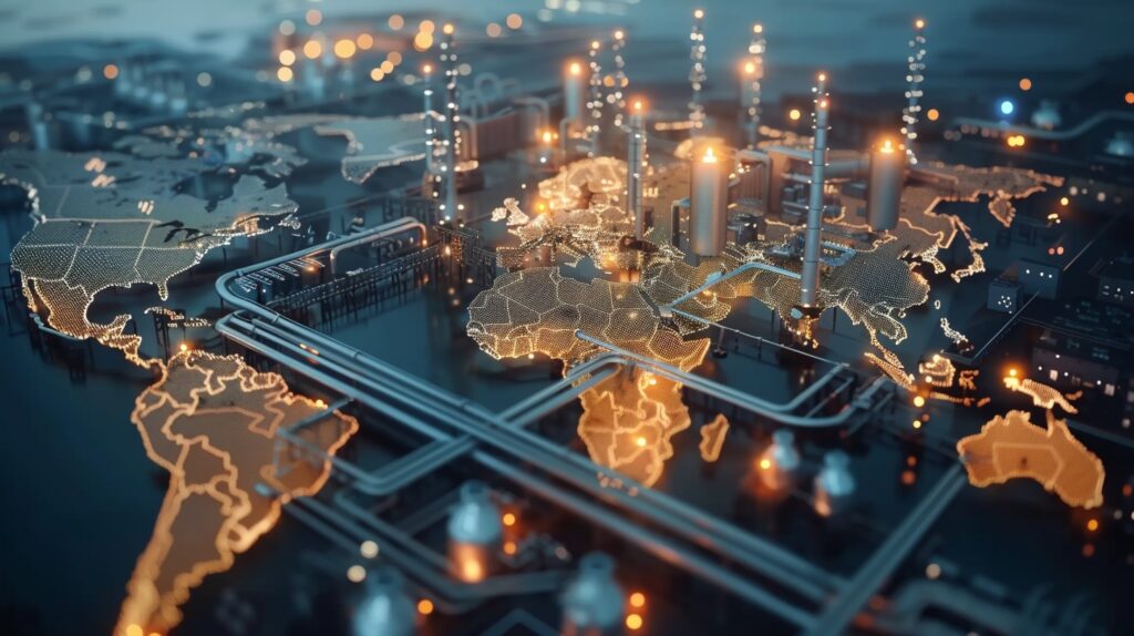 A digital rendering of a world map integrated with industrial plants and pipelines, symbolizing global manufacturing and supply chain connectivity.