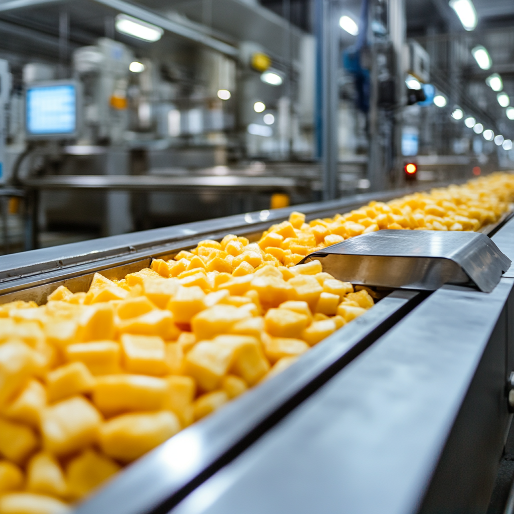 Cubes of frozen yellow food products moving along a stainless steel conveyor belt inside a high-capacity food processing facility.