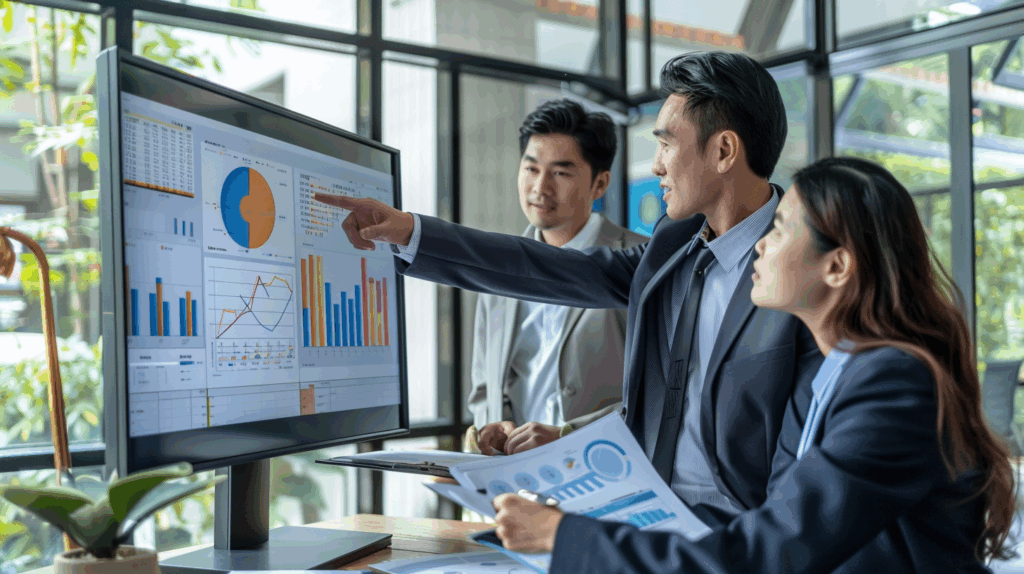 A group of business professionals analyzing data visualizations on a large screen in a modern office setting.