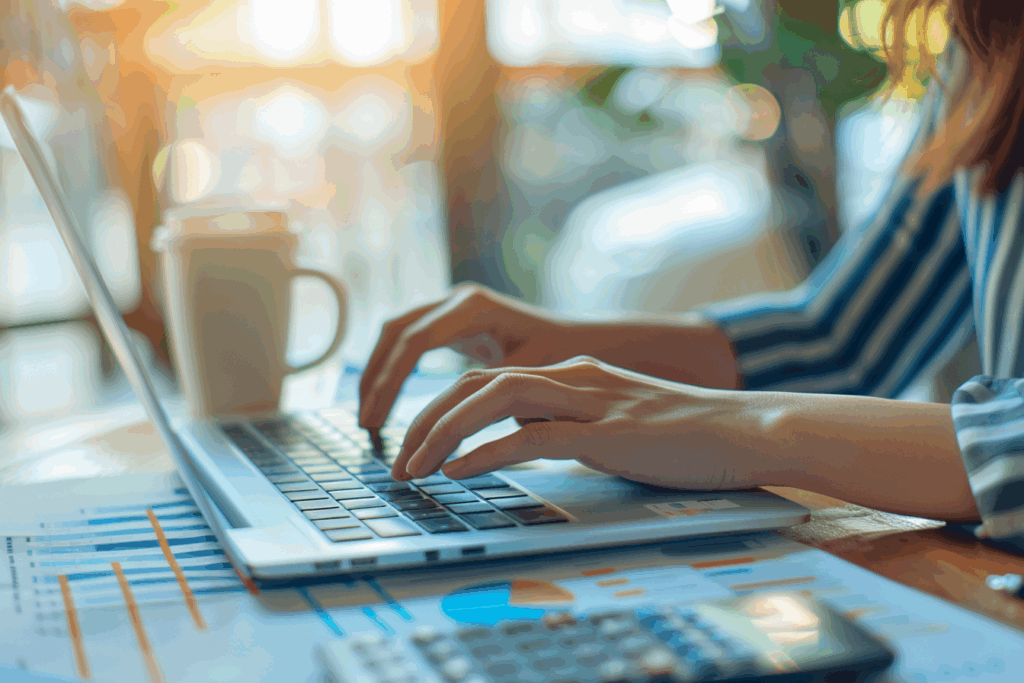 A person typing on a laptop with business reports and charts on the desk, bathed in warm natural light in a casual workspace.