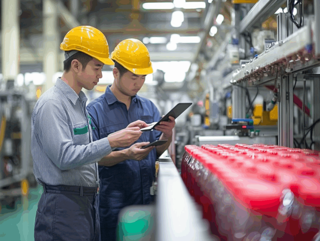 Engineers inspecting automated material handling line as part of Mactex EPCC turnkey solution for pneumatic conveying systems.