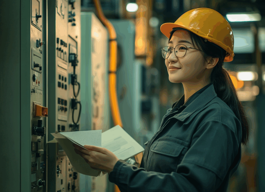 Engineer monitoring control panels of a material handling system as part of EPCC turnkey solution.