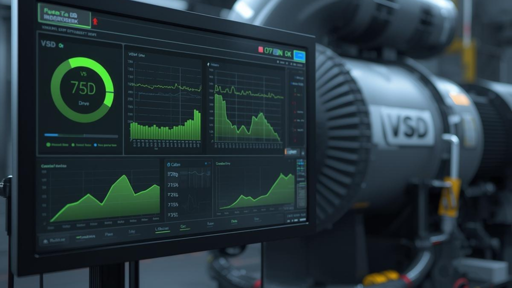 An industrial control room screen showing a dashboard with green energy-efficiency graphs. A "VSD" (Variable Speed Drive) unit is visible in the background attached to a large industrial blower. 3D render, high-tech, professional lighting.
