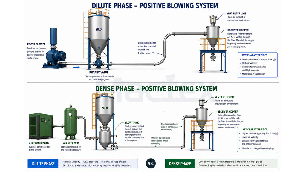 A high-quality 3D isometric engineering diagram of two transparent industrial pipes. Top pipe: Dilute phase conveying with particles widely dispersed and suspended in a high-speed air stream. Bottom pipe: Dense phase conveying with particles moving in solid "slugs" or "dunes" at low speed. Professional technical illustration style, clean white background, blueprint aesthetics, 8k resolution.