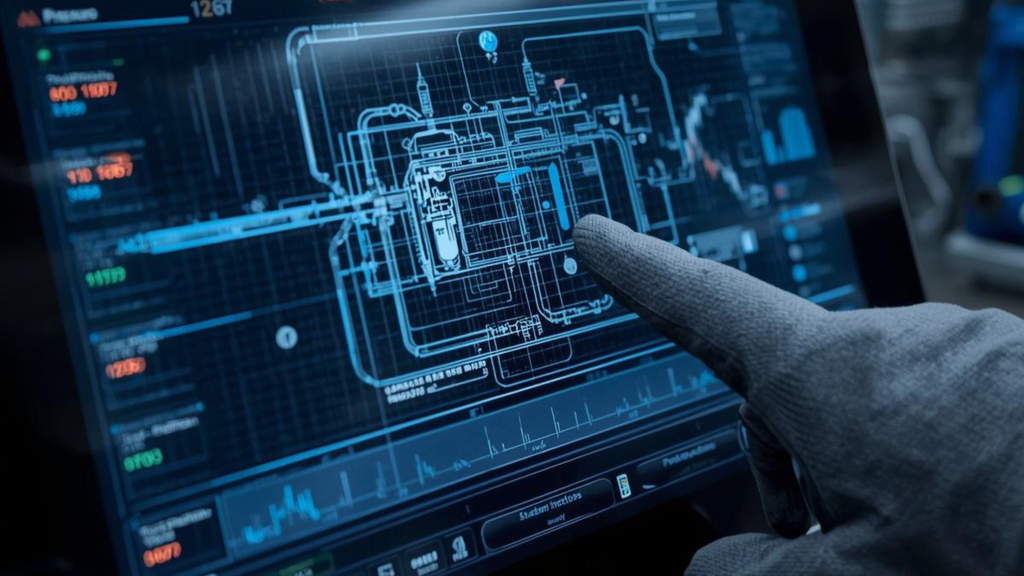 Close-up of an industrial touchscreen HMI (Human Machine Interface) display in a control room. Screen shows a complex schematic of a pneumatic conveying system with live data graphs, pressure levels, and green flow indicators. A finger in a professional work glove is pointing at the screen. High-tech, futuristic but realistic industrial setting.